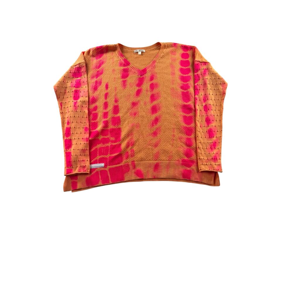 Lisa Todd To Dye For V-Neck Sweater S Vibrant Orange Pink Distressed Neon Cotton